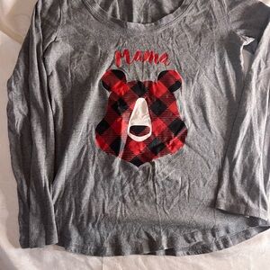 Mama buffalo plaid red and black Bear Print grey  PJ Shirt size woman small